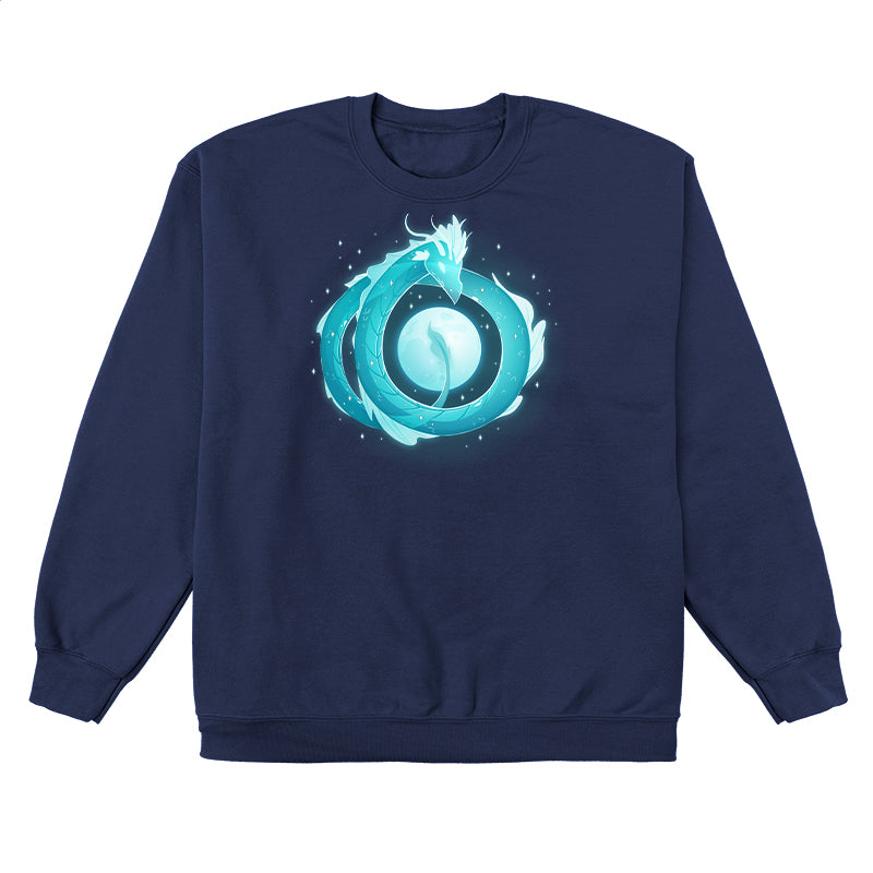 Crew Neck Sweatshirt_TeeTurtle navy blue Moonshadow Drake apparel featuring a ghostly dragon coiled in the sky with the full moon showing through the circular space created by its coils.