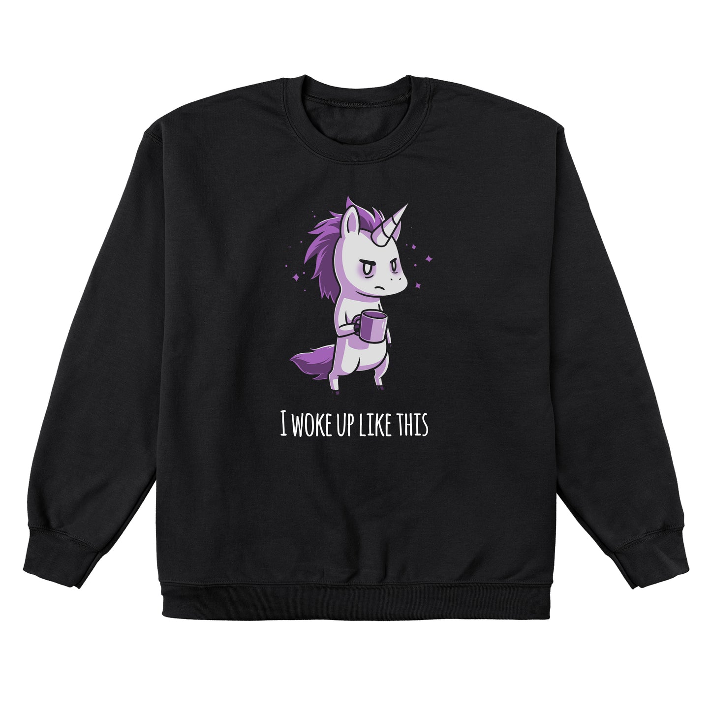 Crew Neck Sweatshirt_TeeTurtle black Morning Unicorn. Featuring a disheveled unicorn holding a coffee cup.