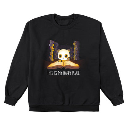 Crew Neck Sweatshirt_TeeTurtle black My Happy Place. Featuring a panda in its happy place reading an open book surrounded by stacks of books.