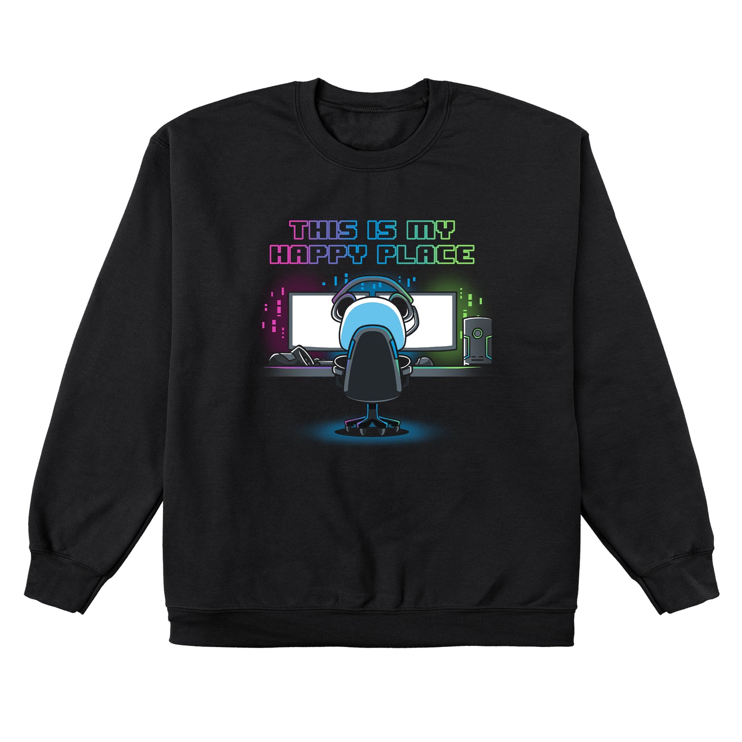 Crew Neck Sweatshirt_Illustration of a person sitting at a computer desk with multiple monitors, wearing a headset and a black apparel. Above them, text reads "My Rig is My Happy Place" by monsterdigital in colorful neon letters.