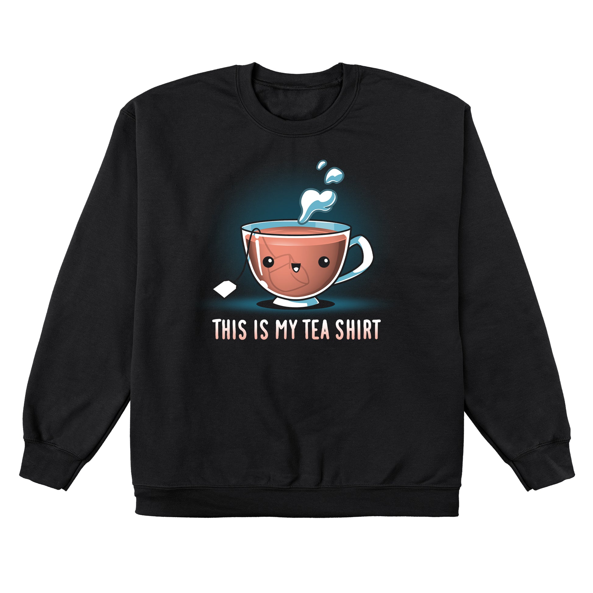 Crew Neck Sweatshirt_TeeTurtle My Tea Shirt black design featuring a smiling teacup with a tea bag inside. Text below reads, "This is My Tea Shirt."