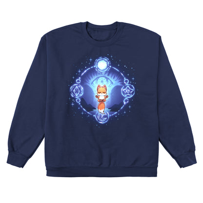 Crew Neck Sweatshirt_TeeTurtle navy blue Mystic Fox apparel featuring a floating fox in a meditative position surrounded by a circle with mystical celestial symbols on it and a giant eye in the background.