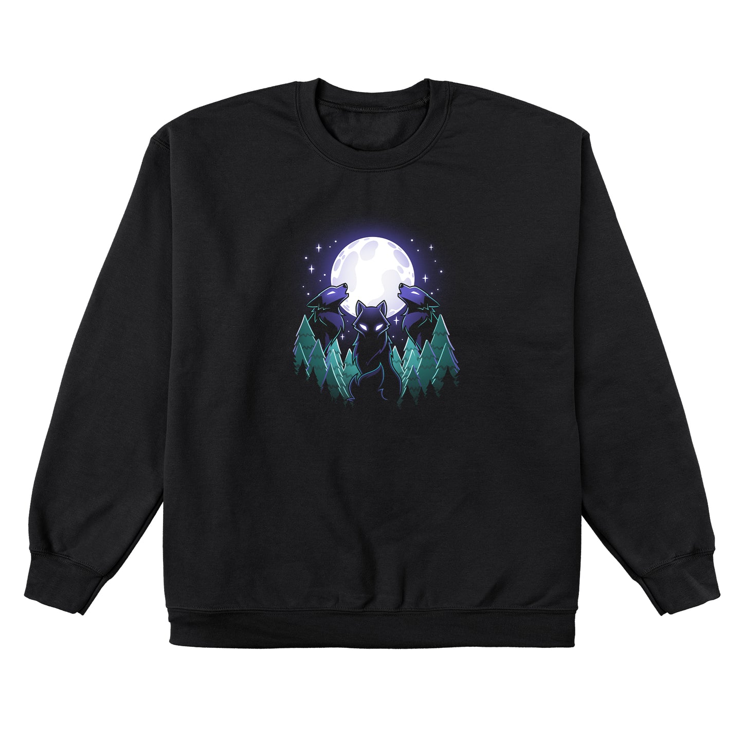 Crew Neck Sweatshirt_TeeTurtle Mystical Moon black design featuring three wolves with glowing eyes howl at a large, Mystical Moon, surrounded by a nature forest of evergreen trees and twinkling stars in the night sky.