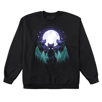 Crew Neck Sweatshirt_TeeTurtle Mystical Moon black design featuring three wolves with glowing eyes howl at a large, Mystical Moon, surrounded by a nature forest of evergreen trees and twinkling stars in the night sky.