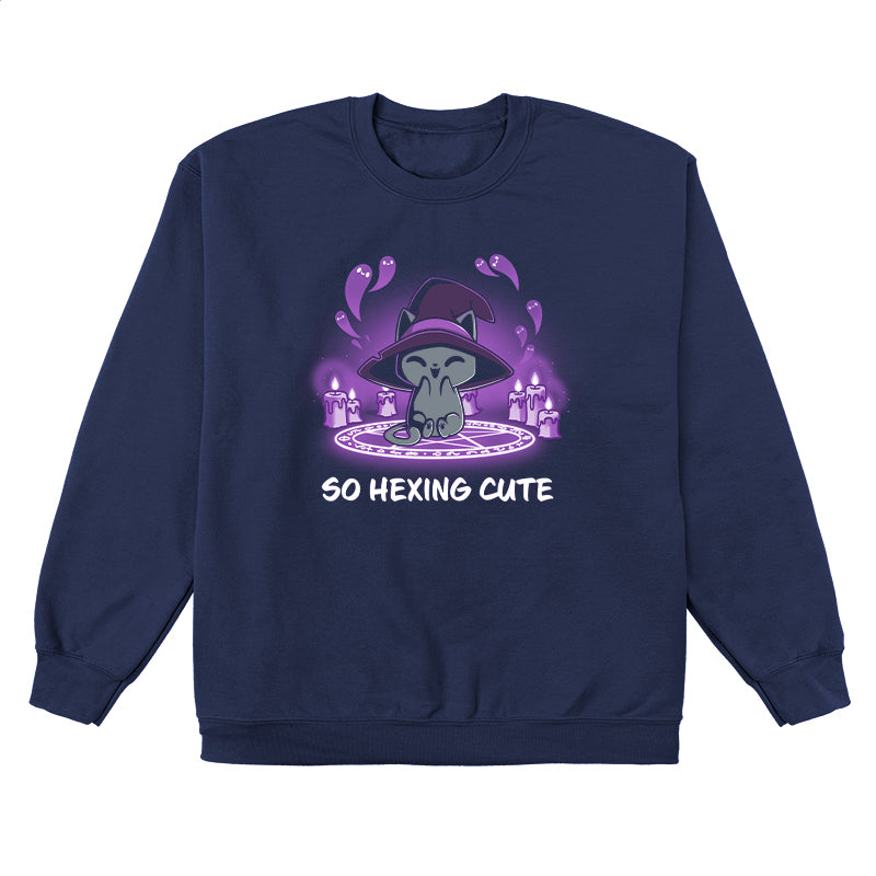 Crew Neck Sweatshirt_TeeTurtle navy blue So Hexing Cute. Featuring a cat with a witch hat sitting in the middle of a summoning pentagram.