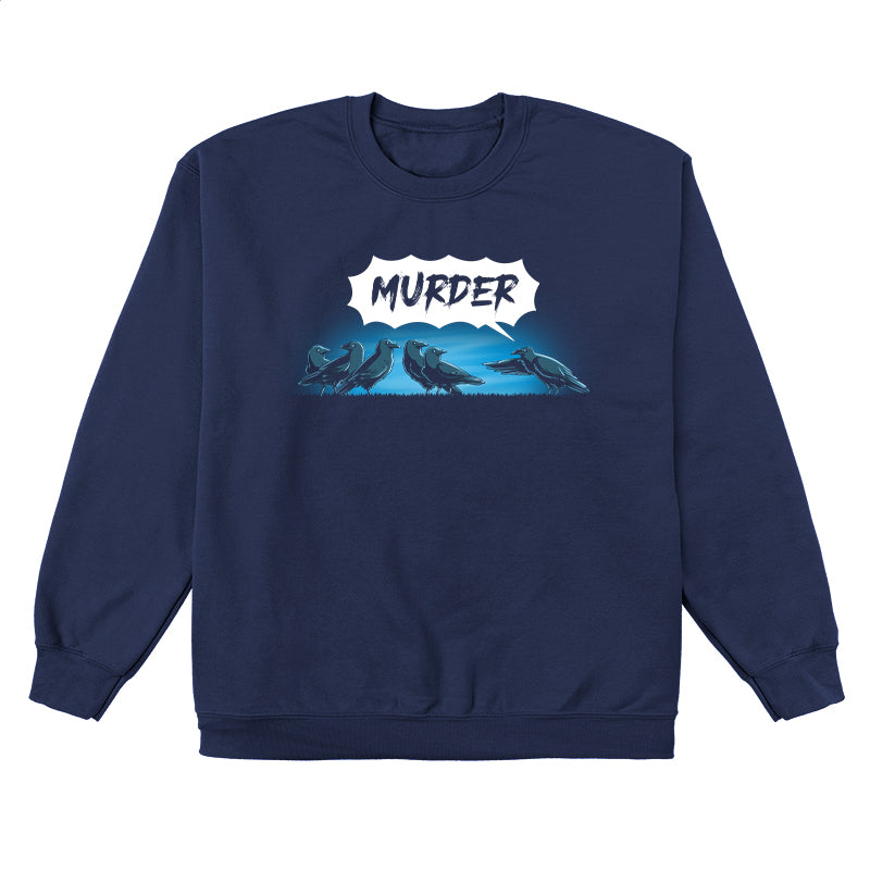 Crew Neck Sweatshirt_TeeTurtle Murder of Crows navy blue design featuring a group of crows standing, as one crow points at the group and says "murder!"