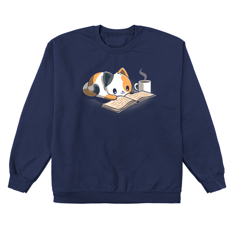 Crew Neck Sweatshirt_TeeTurtle Coffee and a Good Book navy blue t-shirt featuring a calico cat laying next to a hot cup of coffee as it reads a book.