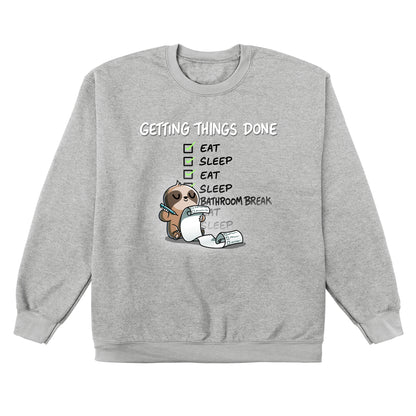 Crew Neck Sweatshirt_TeeTurtle heather gray Getting Things Done apparel featuring a sloth checking off items on a list, such as eat, sleep, eat, sleep, bathroom break.