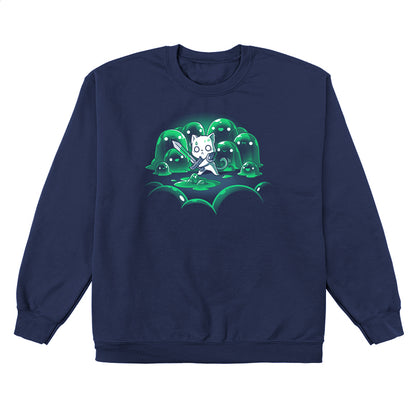 Crew Neck Sweatshirt_TeeTurtle navy blue The Never-Ending Fight. Featuring a cat warrior holding a sword surprised at being surrounded by a group of green slimes.