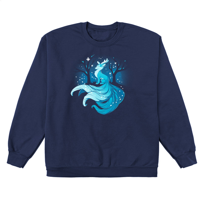 Crew Neck Sweatshirt_TeeTurtle Winter Kitsune navy blue t-shirt featuring a blue, fox-like creature with antlers, long tails, and a flowing mane sitting in a snowy forest with bare trees.