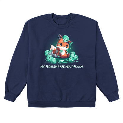 Crew Neck Sweatshirt_TeeTurtle My Problems are Multiplying navy blue design featuring a sad fox holding an axe and surrounded by fantasy green slimes that are multiplying.