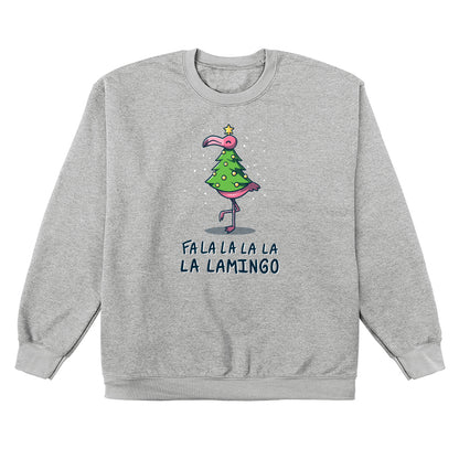 Crew Neck Sweatshirt_TeeTurtle Fa La La Lamingo heather gray design featuring a flamingo dressed up as a Christmas tree