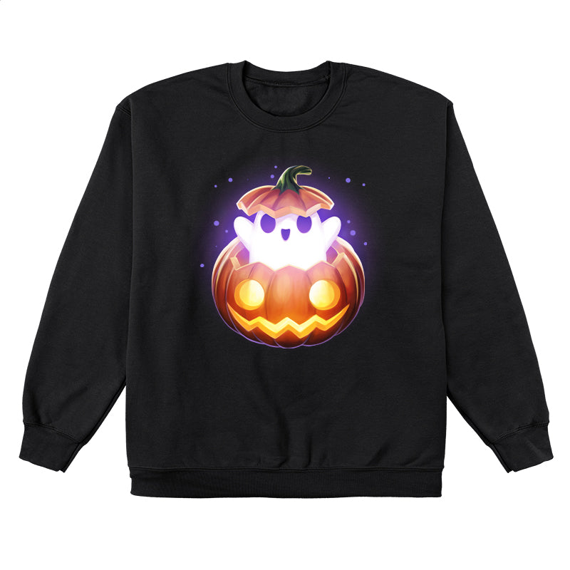 Crew Neck Sweatshirt_TeeTurtle black Spooky Ghost featuring a ghost popping out of a pumpkin.