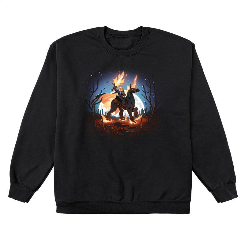 Crew Neck Sweatshirt_TeeTurtle black Return of the Halloween Knight featuring a knight with a pumpkin head and flaming sword riding a horse in a spooky forest.