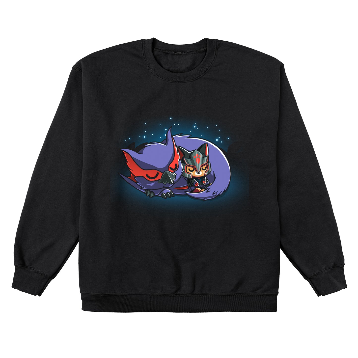 Crew Neck Sweatshirt_TeeTurtle black Nargacuga & Palico Snuggles featuring Nargacuga and a palico curled up together, and sleeping under the stars.