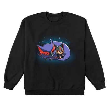 Crew Neck Sweatshirt_TeeTurtle black Nargacuga & Palico Snuggles featuring Nargacuga and a palico curled up together, and sleeping under the stars.