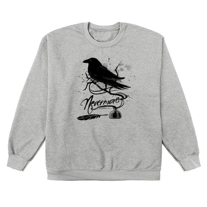 Crew Neck Sweatshirt_TeeTurtle sport gray Nevermore. Featuring a raven perched on a branch coming out of an inkwell.