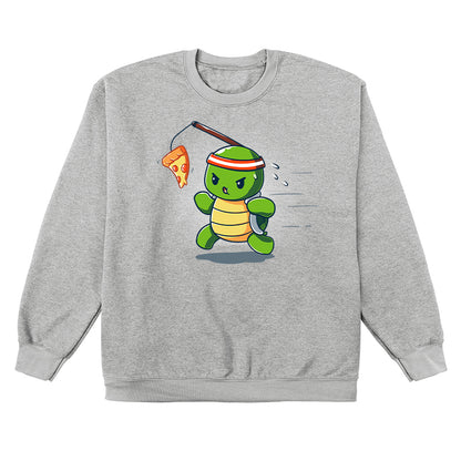 Crew Neck Sweatshirt_TeeTurtle Ninja Training heather gray design featuring a turtle chasing after a pizza slice dangling from a stick strapped to their head.