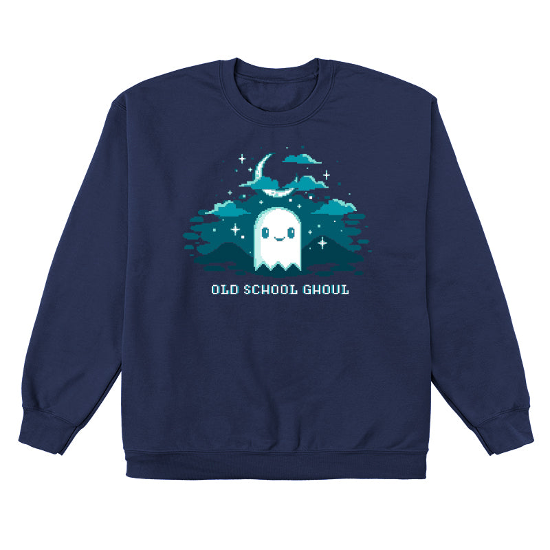 Crew Neck Sweatshirt_TeeTurtle Old School Ghoul navy blue design featuring a spooky pixel art smiling ghost under a crescent moon and stars with text "Old School Ghoul" below in this Halloween and video game design. 