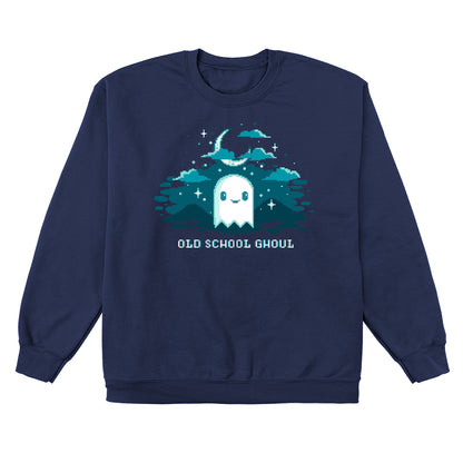 Crew Neck Sweatshirt_TeeTurtle Old School Ghoul navy blue design featuring a spooky pixel art smiling ghost under a crescent moon and stars with text "Old School Ghoul" below in this Halloween and video game design. 