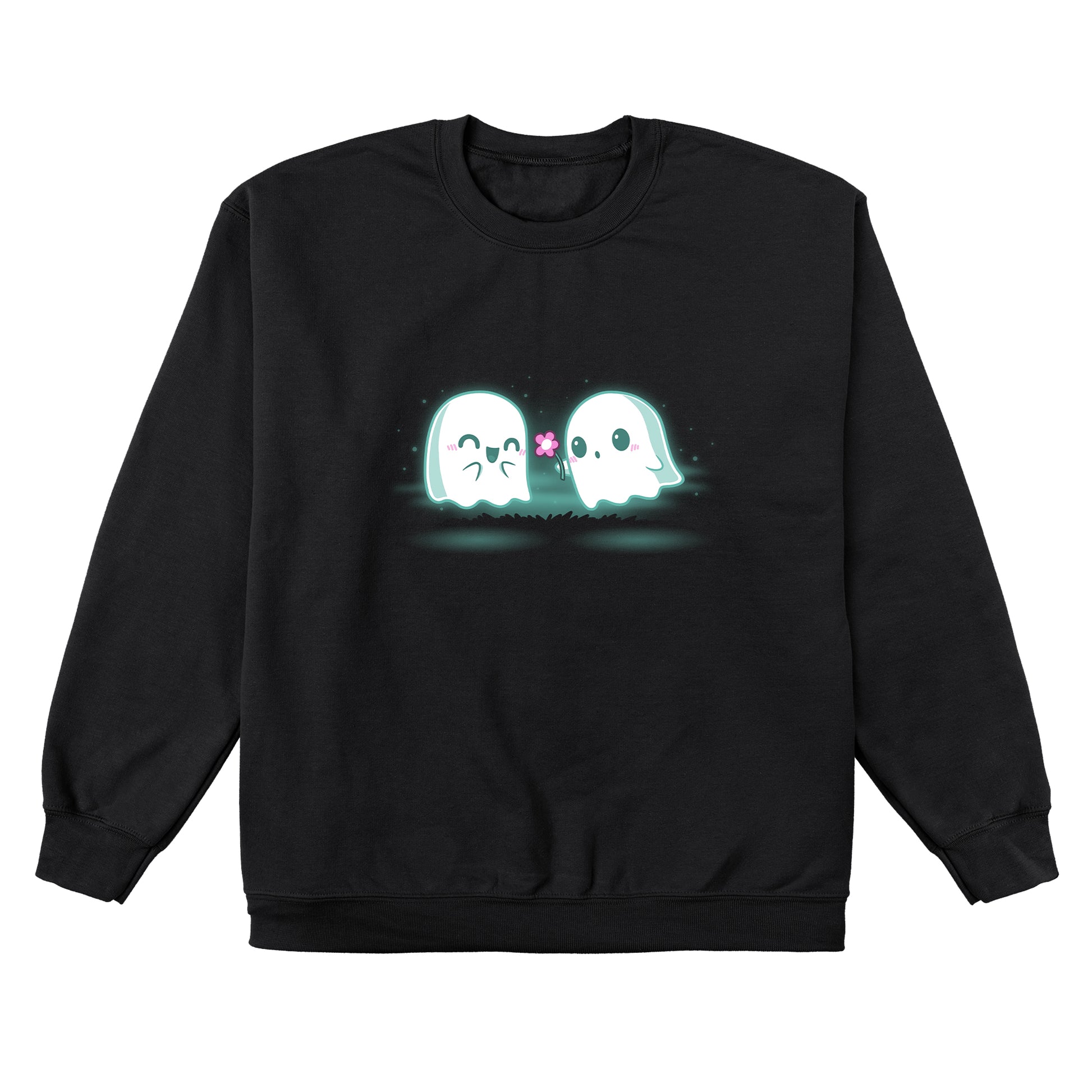 Crew Neck Sweatshirt_TeeTurtle One Boo Love black design featuring two cute kawaii ghost-like Halloween characters are glowing softly in the dark on a black apparel. One ghost is smiling with eyes closed while the other offers a pink flower.