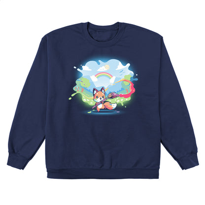 Crew Neck Sweatshirt_TeeTurtle Paint Your Own World navy blue t-shirt featuring a drawing cartoon fox who holds a paintbrush, trailing vibrant colors as it paints a lively landscape with hills, trees, a rainbow, and a bright sky.