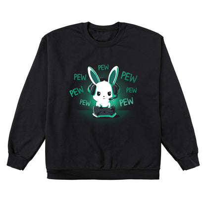 Crew Neck Sweatshirt_TeeTurtle black Pew Pew Bunny. Featuring a bunny playing a video game with a controller making pew-pew sounds.