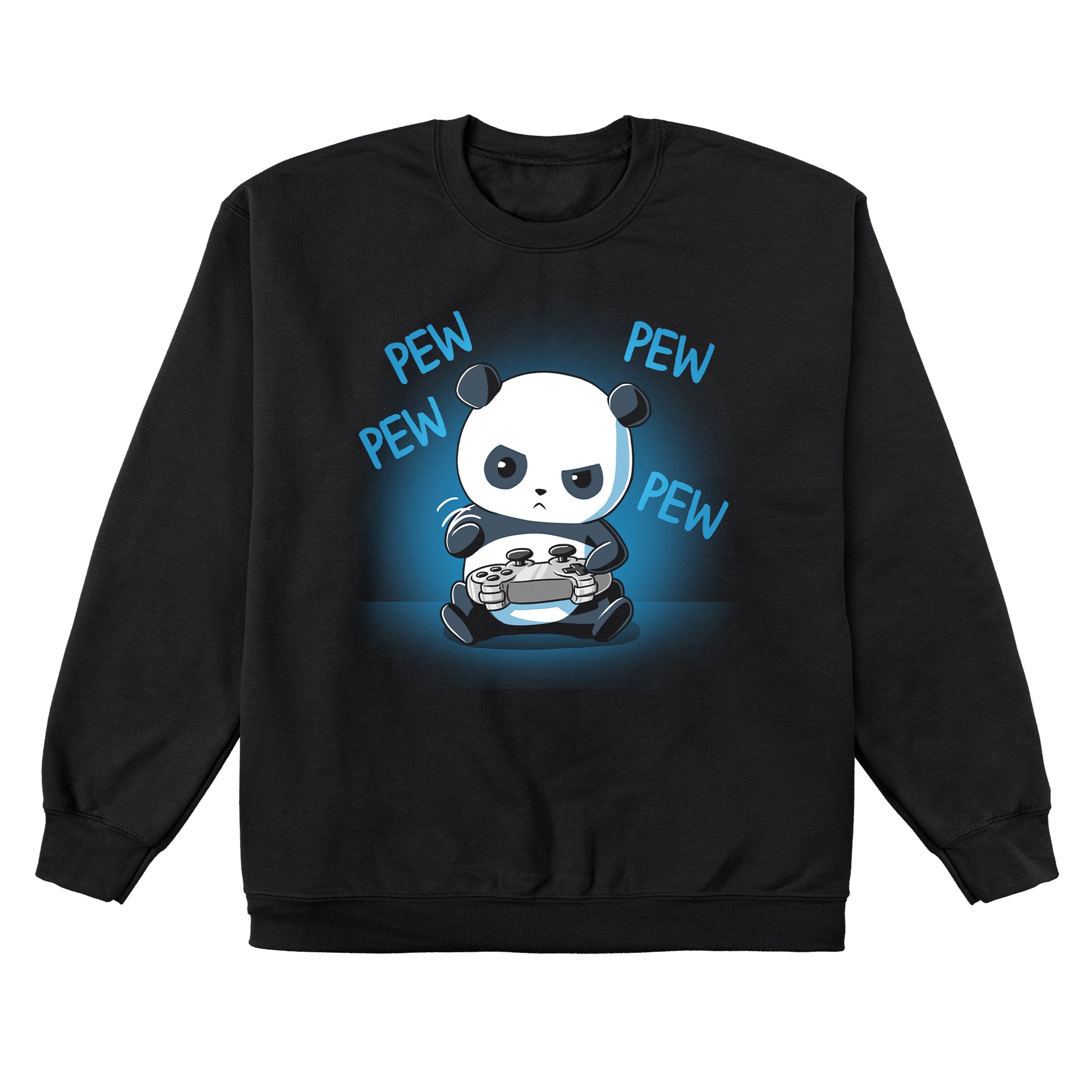 Crewneck Sweatshirt_TeeTurtle black Pew Pew Panda. Featuring a panda playing a video game with a controller.