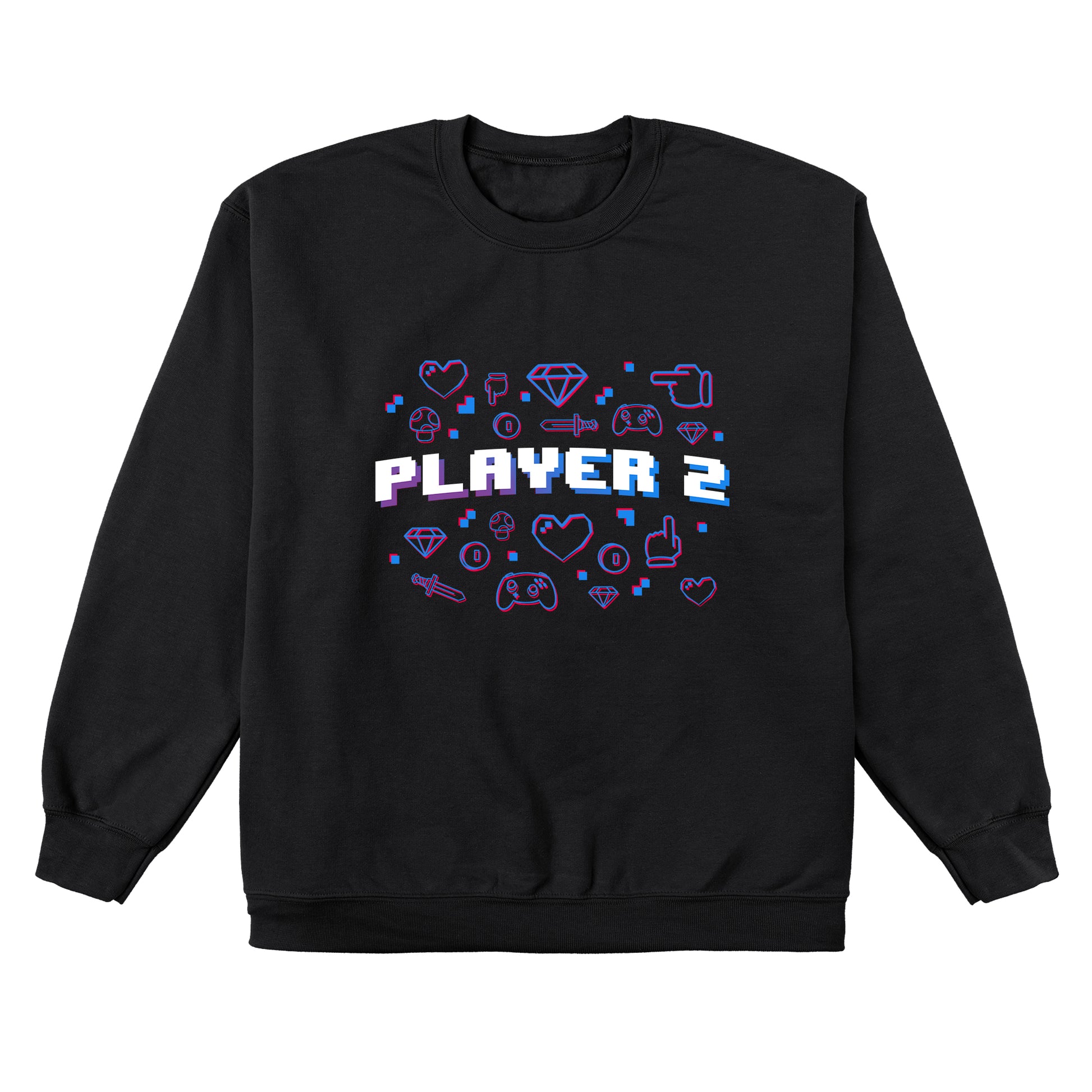 Crew Neck Sweatshirt_TeeTurtle black Player 2. Featuring the text, "Player 2" surrounded by pixel art video game elements.