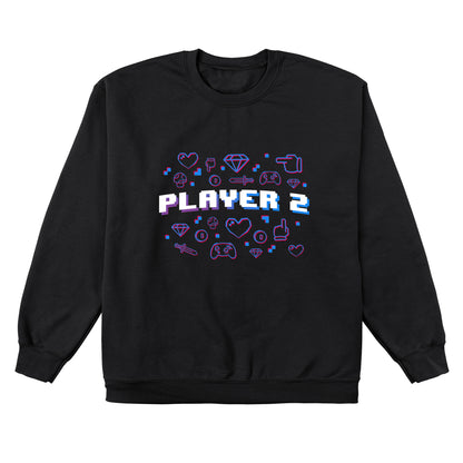 Crew Neck Sweatshirt_TeeTurtle black Player 2. Featuring the text, "Player 2" surrounded by pixel art video game elements.