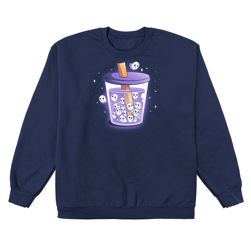 Crew Neck Sweatshirt_TeeTurtle navy blue Poltergeist Pearls apparel featuring a cup of boba tea with ghosts instead of boba pearls.