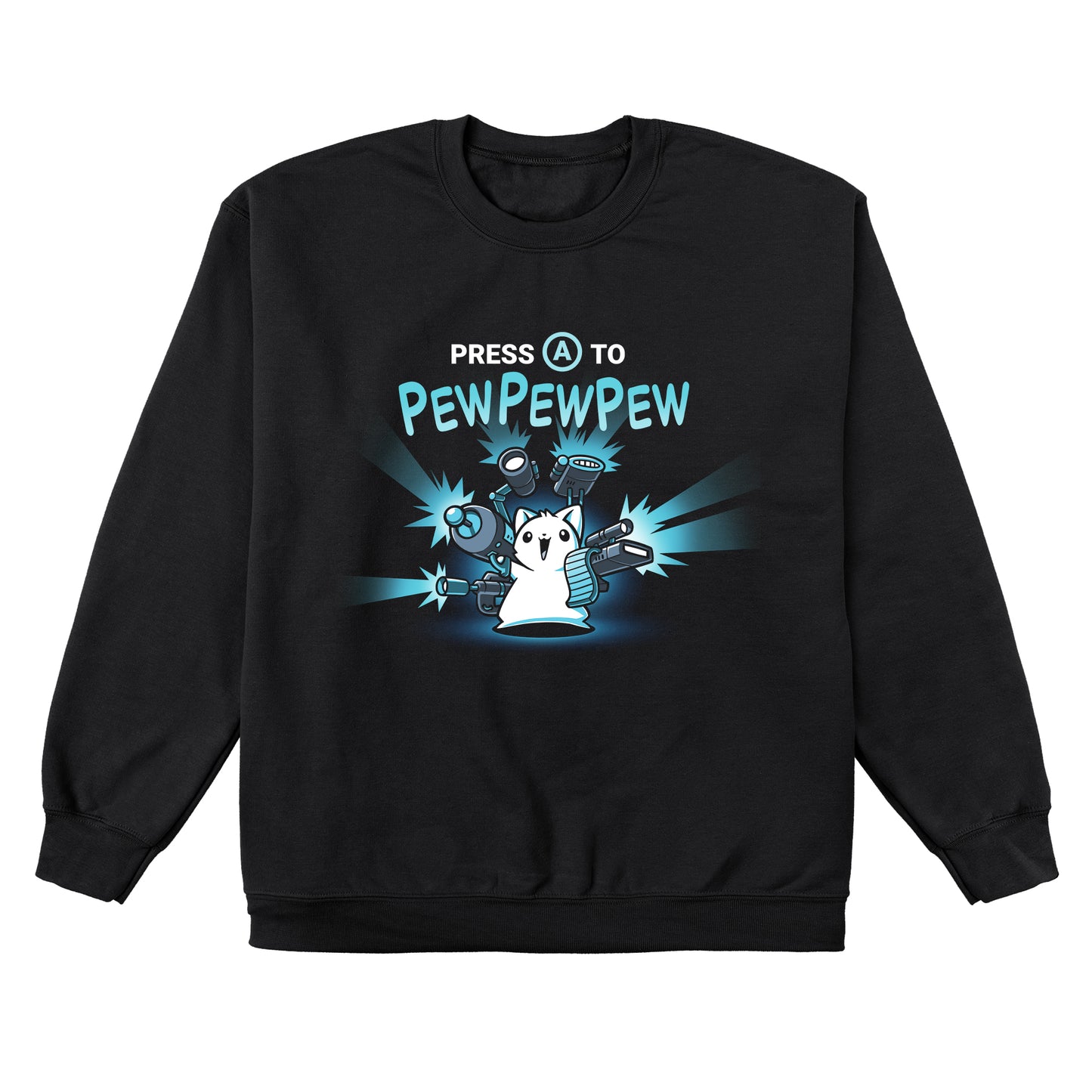 Crew Neck Sweatshirt_TeeTurtle black Press A to PEWPEWPEW apparel featuring a cat holding a lot of guns.