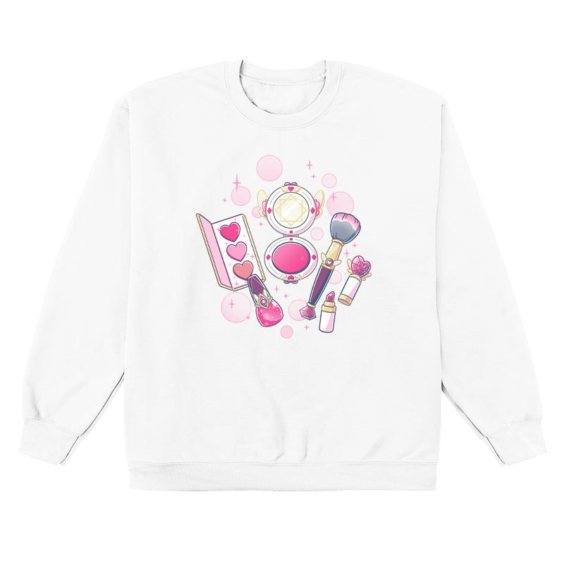 Crew Neck Sweatshirt_TeeTurtle Pretty in Pink white design featuring an illustrated mini makeup set featuring a blush brush, compact mirror, eyeshadow palette, lipstick, and nail polish, all surrounded by decorative pink sparkles and hearts in a magical set. 