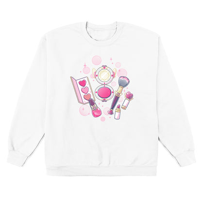 Crew Neck Sweatshirt_TeeTurtle Pretty in Pink white design featuring an illustrated mini makeup set featuring a blush brush, compact mirror, eyeshadow palette, lipstick, and nail polish, all surrounded by decorative pink sparkles and hearts in a magical set. 