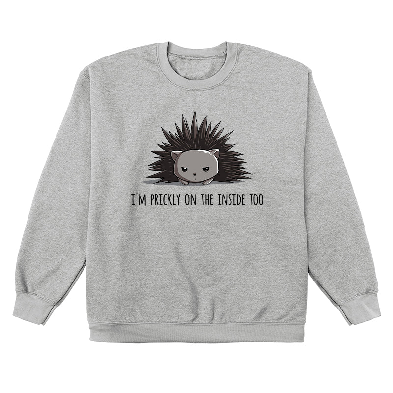 Crew Neck Sweatshirt_TeeTurtle Prickly on the Inside heather gray t-shirt featuring a grey porcupine looking slightly annoyed with the text "I'm prickly on the inside too" below in this sarcastic animal design. 