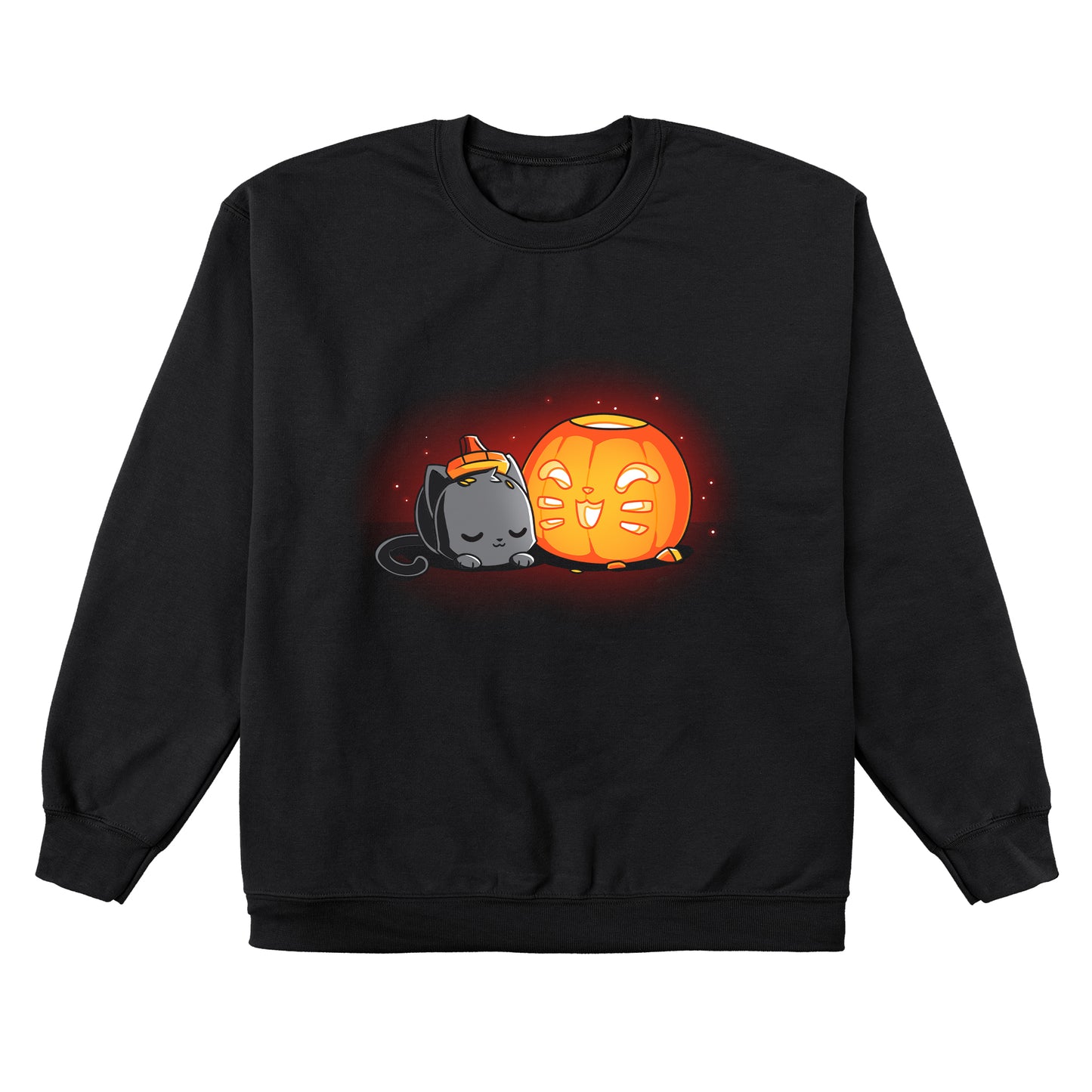 Crew Neck Sweatshirt_TeeTurtle Pumpkin Carver black t-shirt featuring a cat sleeping next to a cute Halloween jack-o-lantern