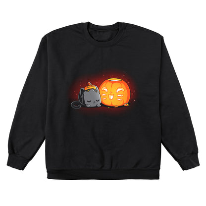 Crew Neck Sweatshirt_TeeTurtle Pumpkin Carver black t-shirt featuring a cat sleeping next to a cute Halloween jack-o-lantern