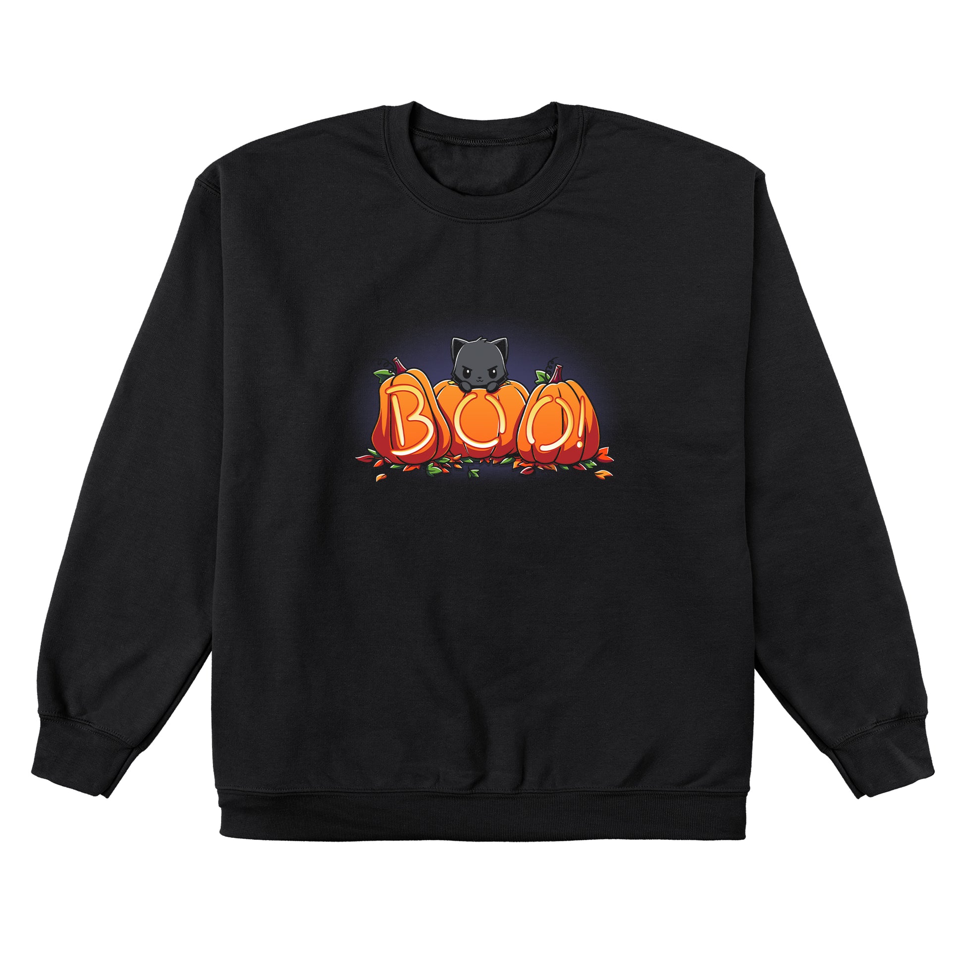 Crew Neck Sweatshirt_TeeTurtle Pumpkin Kitty black t-shirt featuring a spooky black cat sitting behind three pumpkins that spell "BOO!" with glowing letters, surrounded by scattered leaves in Halloween fall colors. 