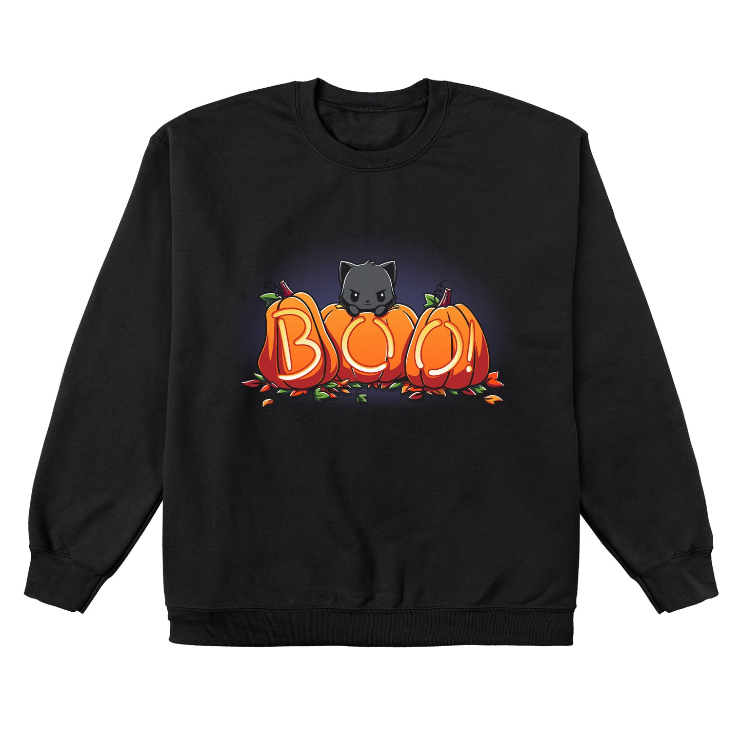 Crew Neck Sweatshirt_TeeTurtle Pumpkin Kitty black t-shirt featuring a spooky black cat sitting behind three pumpkins that spell "BOO!" with glowing letters, surrounded by scattered leaves in Halloween fall colors. 