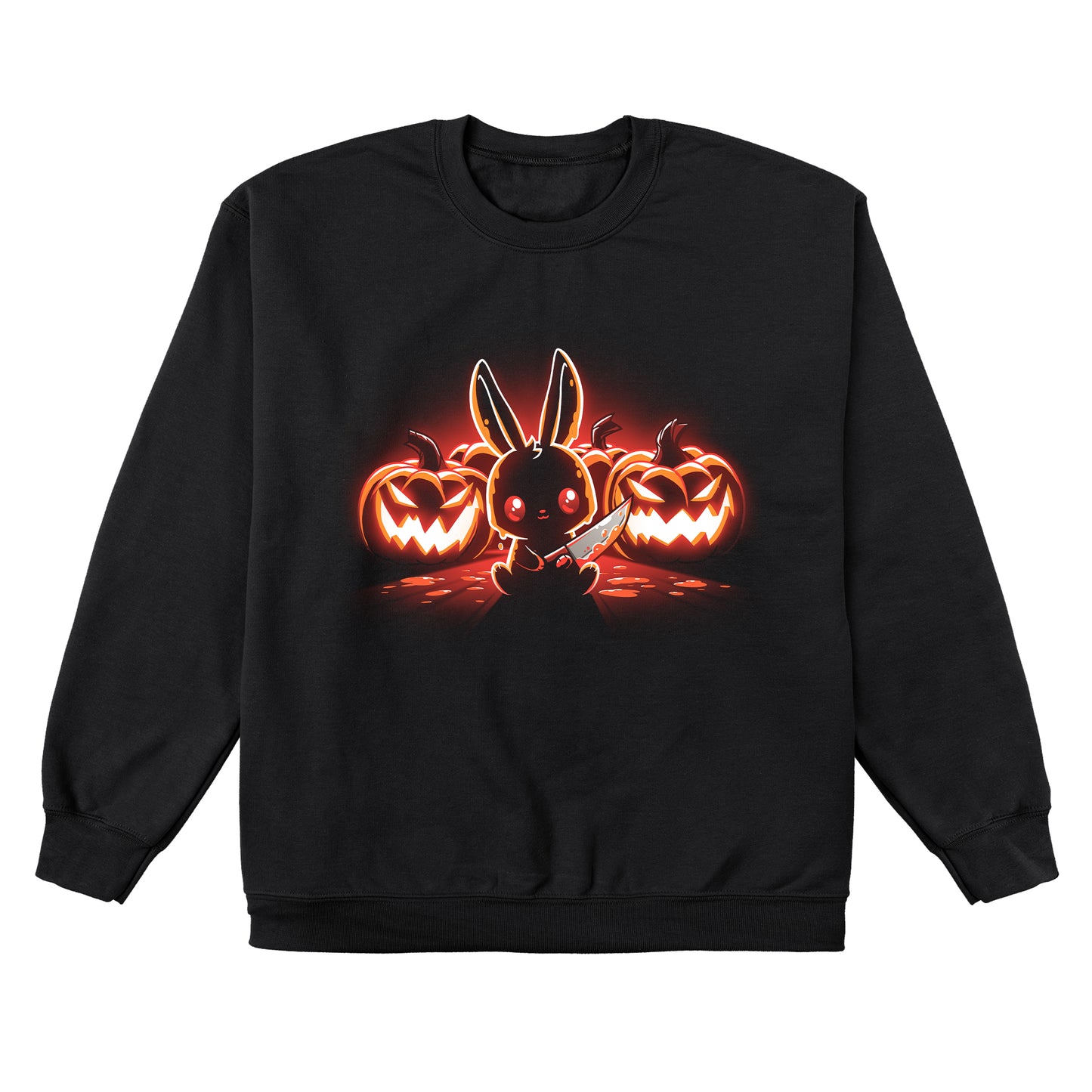 Crew Neck Sweatshirt_TeeTurtle Pumpkin Murderer black design featuring a cute bunny holding a knife sitting in front of carved jack-o'-lanterns, illuminated by a glowing red light.