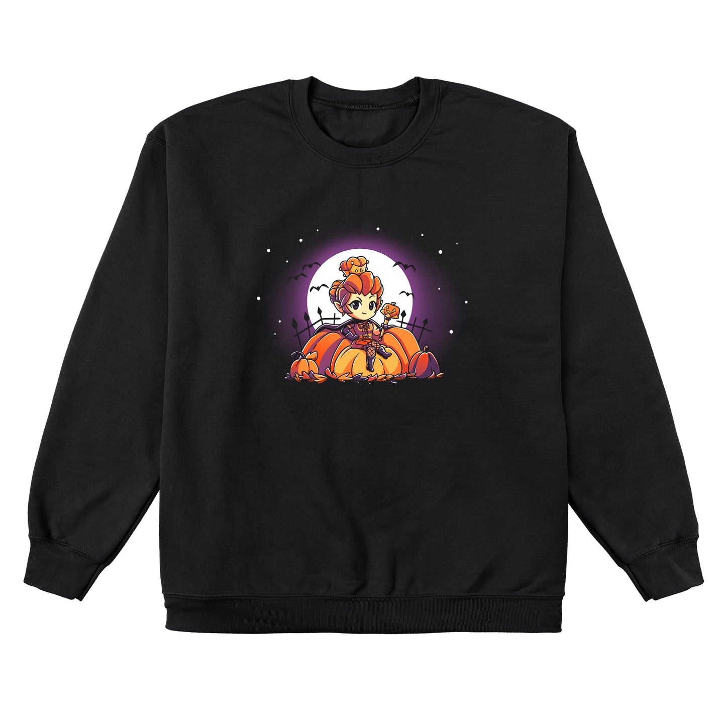 Crew Neck Sweatshirt_TeeTurtle black Pumpkin Queen. Featuring a pumpkin queen sitting among giant pumpkins.