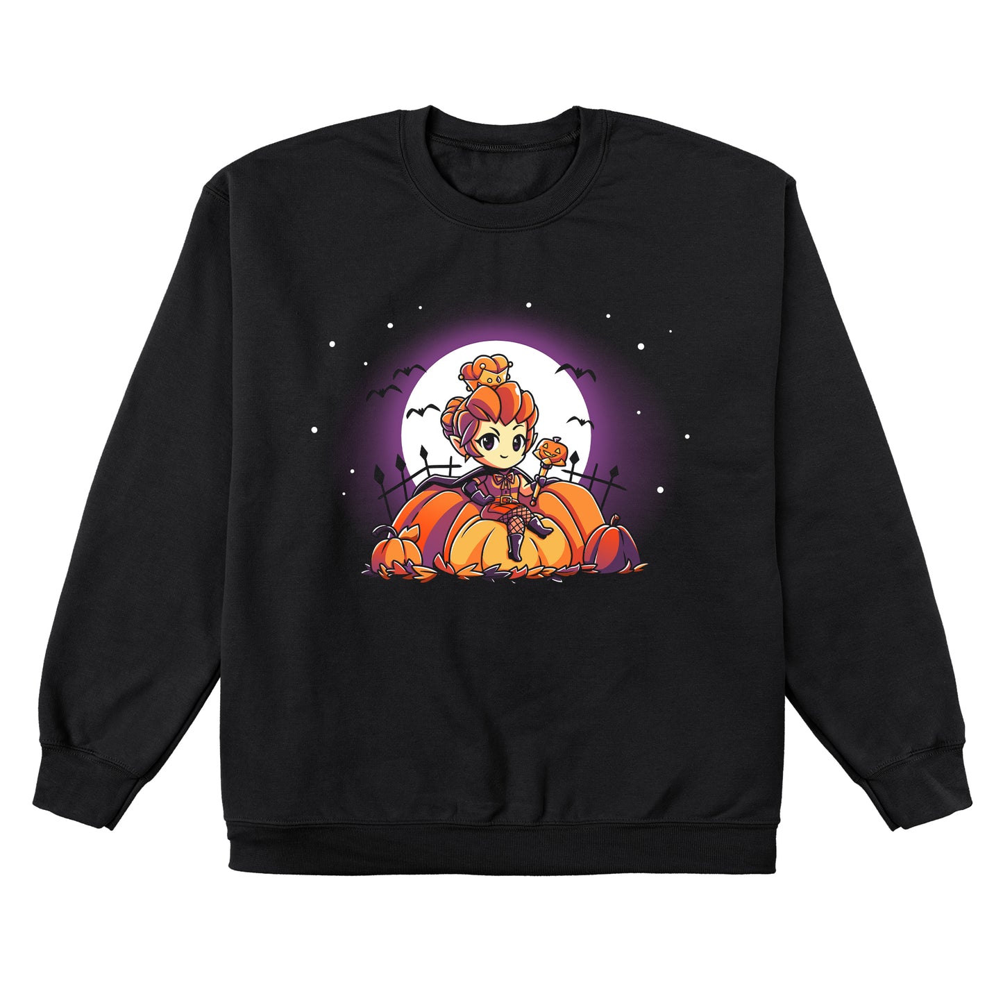 Crew Neck Sweatshirt_TeeTurtle black Pumpkin Queen. Featuring a pumpkin queen sitting among giant pumpkins.