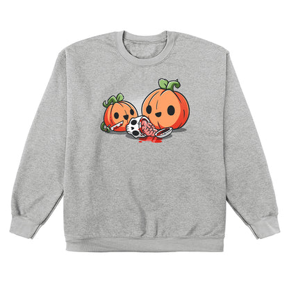 Crew Neck Sweatshirt_TeeTurtle Pumpkin Carving silver gray t-shirt featuring cheerful pumpkins carving a human skull.