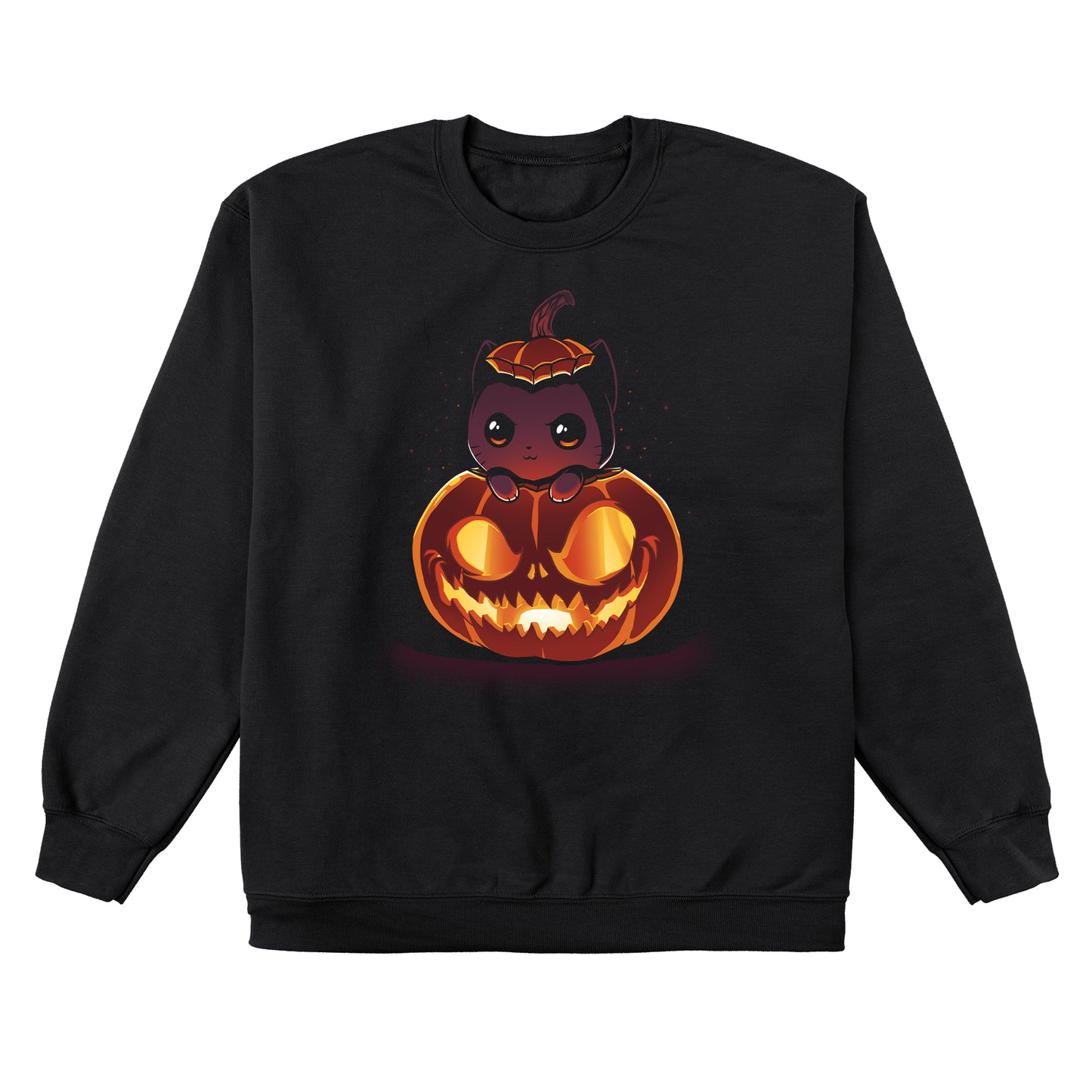 Crew Neck Sweatshirt_TeeTurtle black Pumpkitten. Featuring a cat popping out of a spooky jack-o-lantern pumpkin.