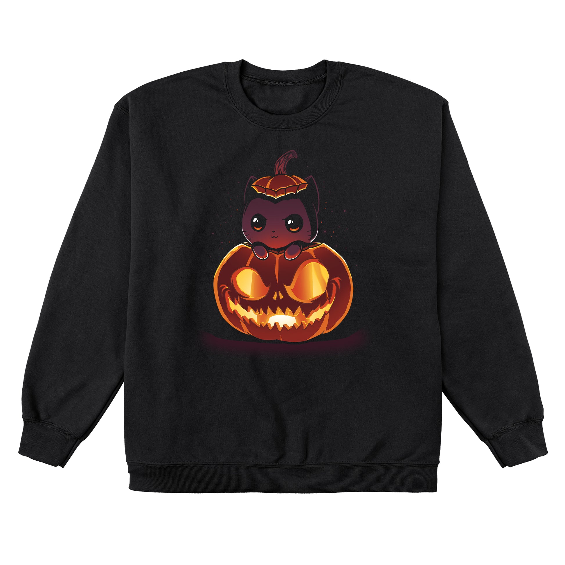 Crew Neck Sweatshirt_TeeTurtle black Pumpkitten. Featuring a cat popping out of a spooky jack-o-lantern pumpkin.