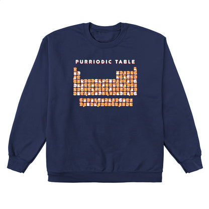 Crew Neck Sweatshirt_TeeTurtle Purriodic Table navy blue design featuring a periodic table chart with elements represented by cats.