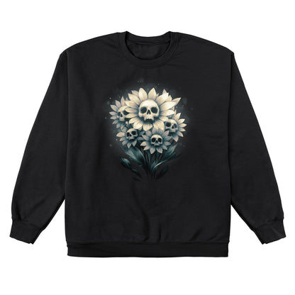 Crew Neck Sweatshirt_TeeTurtle black Pushing Up Daisies featuring a bouquet of blooming daisies with skulls in the middle of each flower.