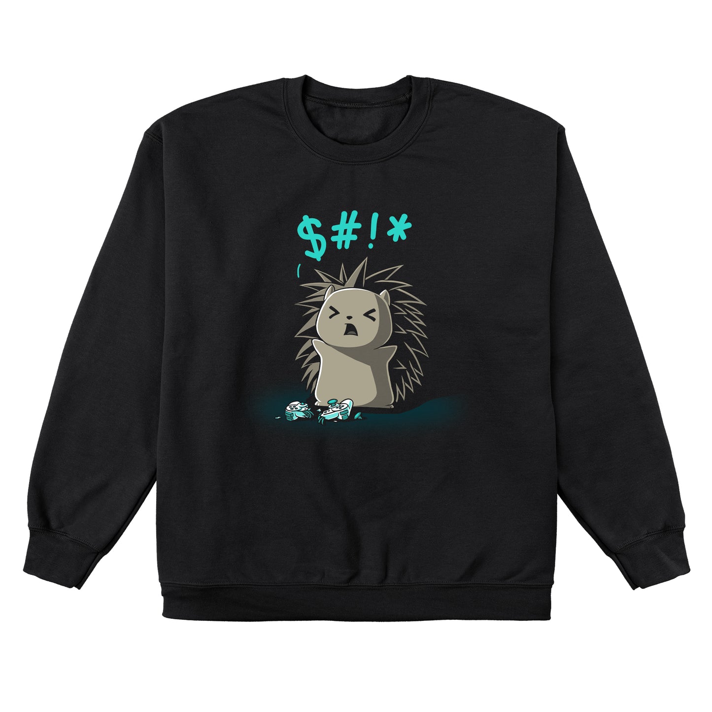 Crew Neck Sweatshirt_TeeTurtle black Ragequit. Featuring an angry hedgehog with a broken video game controller.