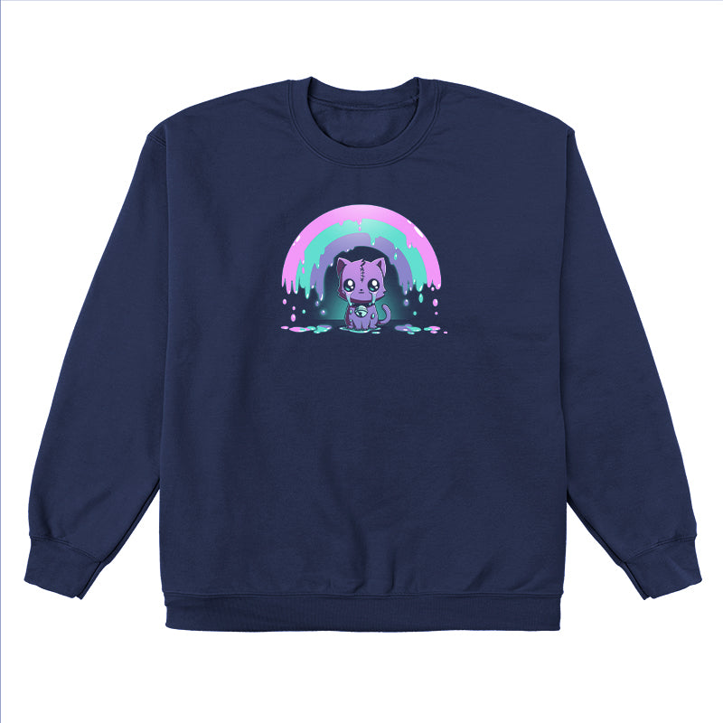 Crew Neck Sweatshirt_TeeTurtle Rainbow Crying Cat navy blue design featuring a cute purple cat with large eyes and a spooky stitched forehead, sitting under a dripping pink, green, and purple rainbow.