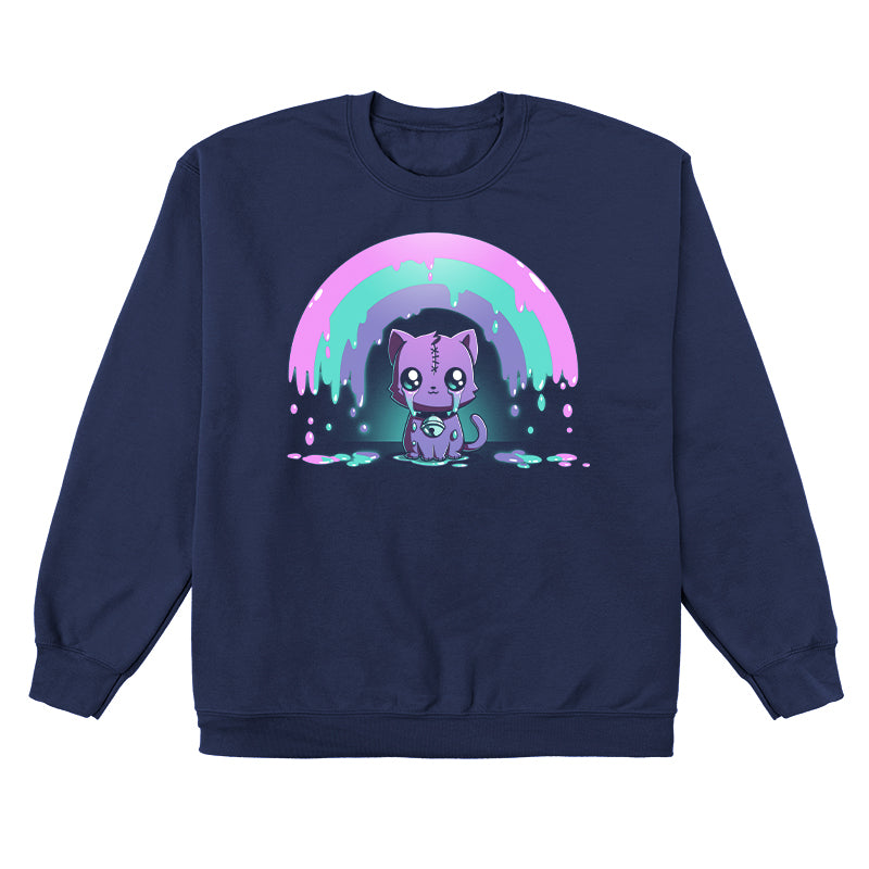 Crew Neck Sweatshirt_TeeTurtle Rainbow Crying Cat navy blue design featuring a cute purple cat with large eyes and a spooky stitched forehead, sitting under a dripping pink, green, and purple rainbow.